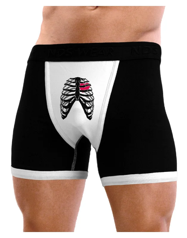 Black Skeleton Bones Ribcage with Heart Mens Boxer Brief Underwear