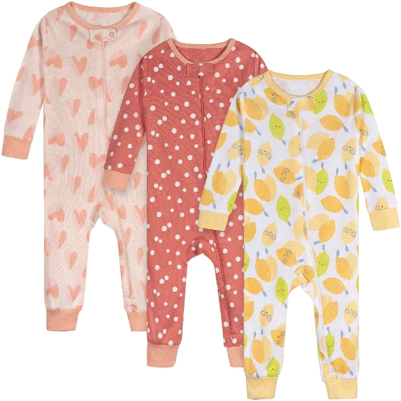 3-Pack Baby Girls Lemons Footless Pajamas