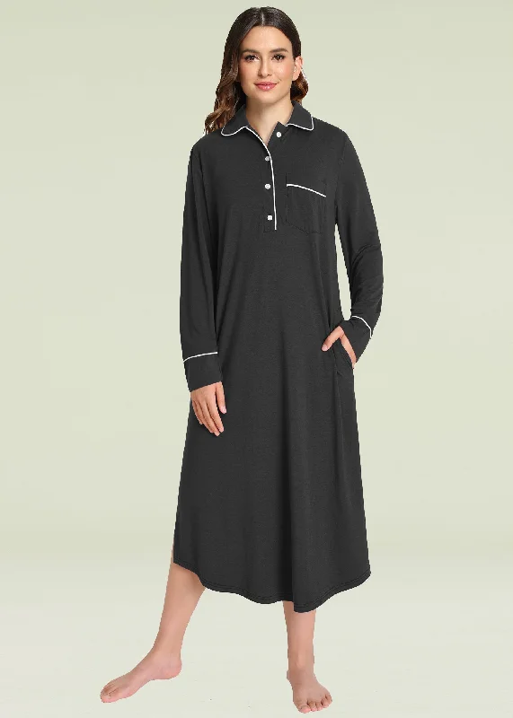 Women's Button Down Sleep Shirt Long Sleeves Nightgown