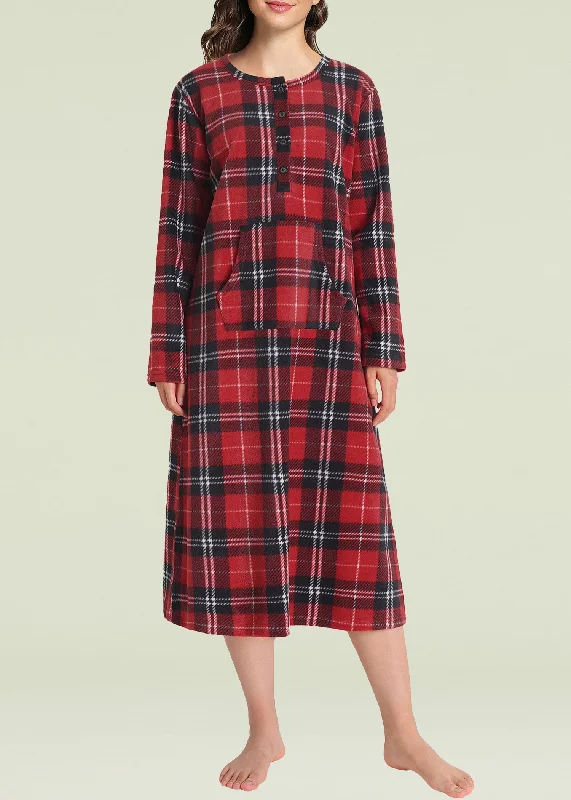 Women's Plaid Fleece Nightgown Warm Long Sleeves Sleep Shirt