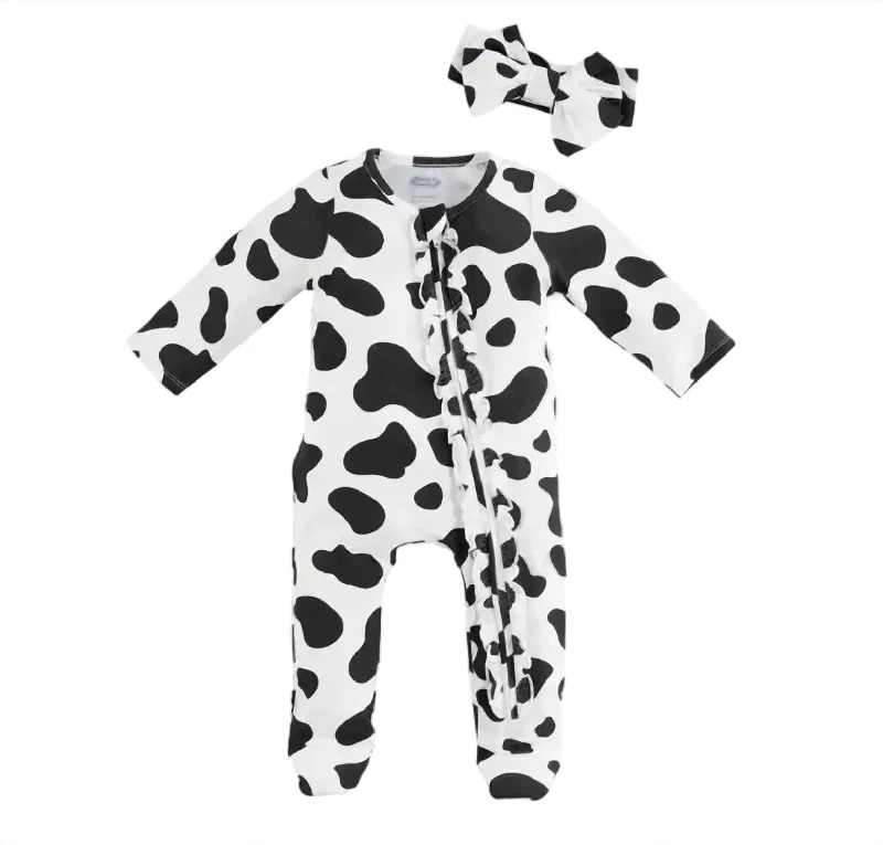 Kid's Cow Print Sleeper And Headband In White/black