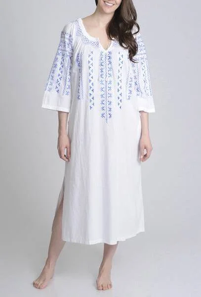 White Smock-Necked Midi Nightgown with Embroidery