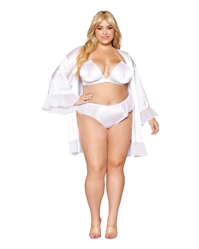 Dreamgirl Plus Size Matte Satin Robe, Bralette, and Thong Set