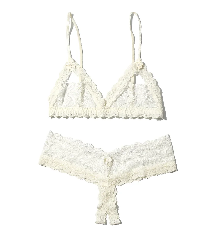 Hanky Panky Honeymoon Crotchless Thong and Bralette Set (946692SBX) - Light Ivory