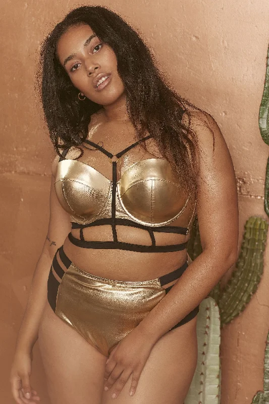 Wolf & Whistle Jett Gold metallic balcony bikini top curve