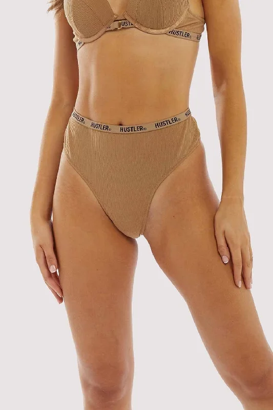 Hustler Branded Ribbed High Waist Thong Caramel