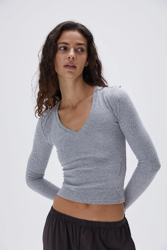 Rib V-Neck Long Sleeve Top - Grey Melange