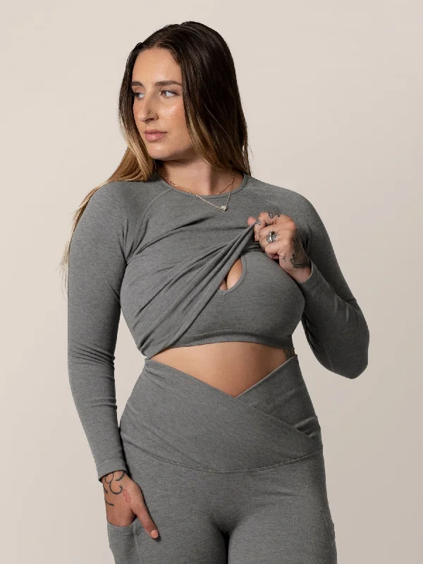 Sublime® Bamboo Maternity & Nursing Cropped Long Sleeve Top | Charcoal